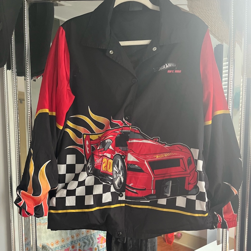 Racing-Themed Black and Red Windbreaker
